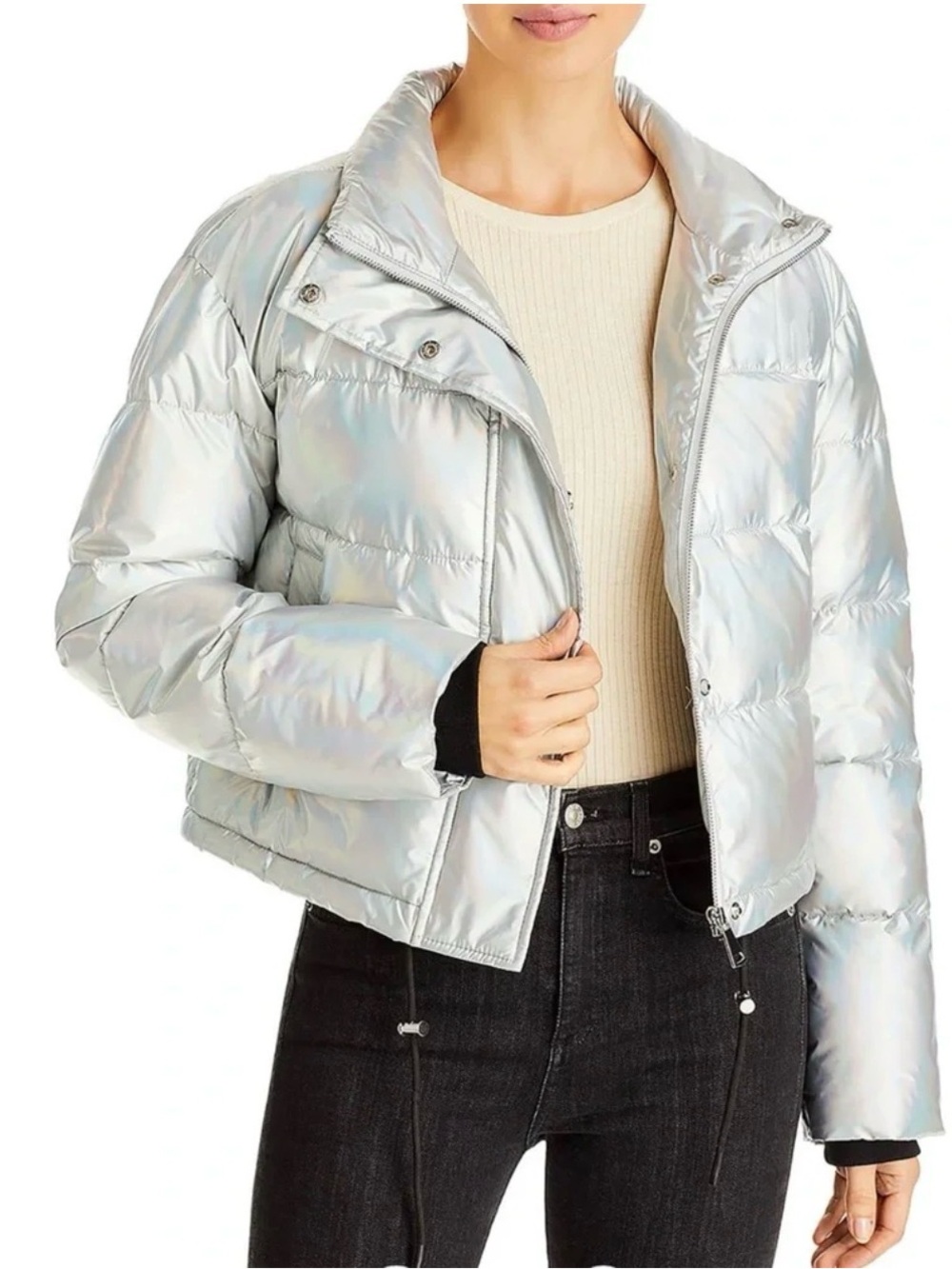 Aqua Iridescent Cropped Silver Puffer Jacket